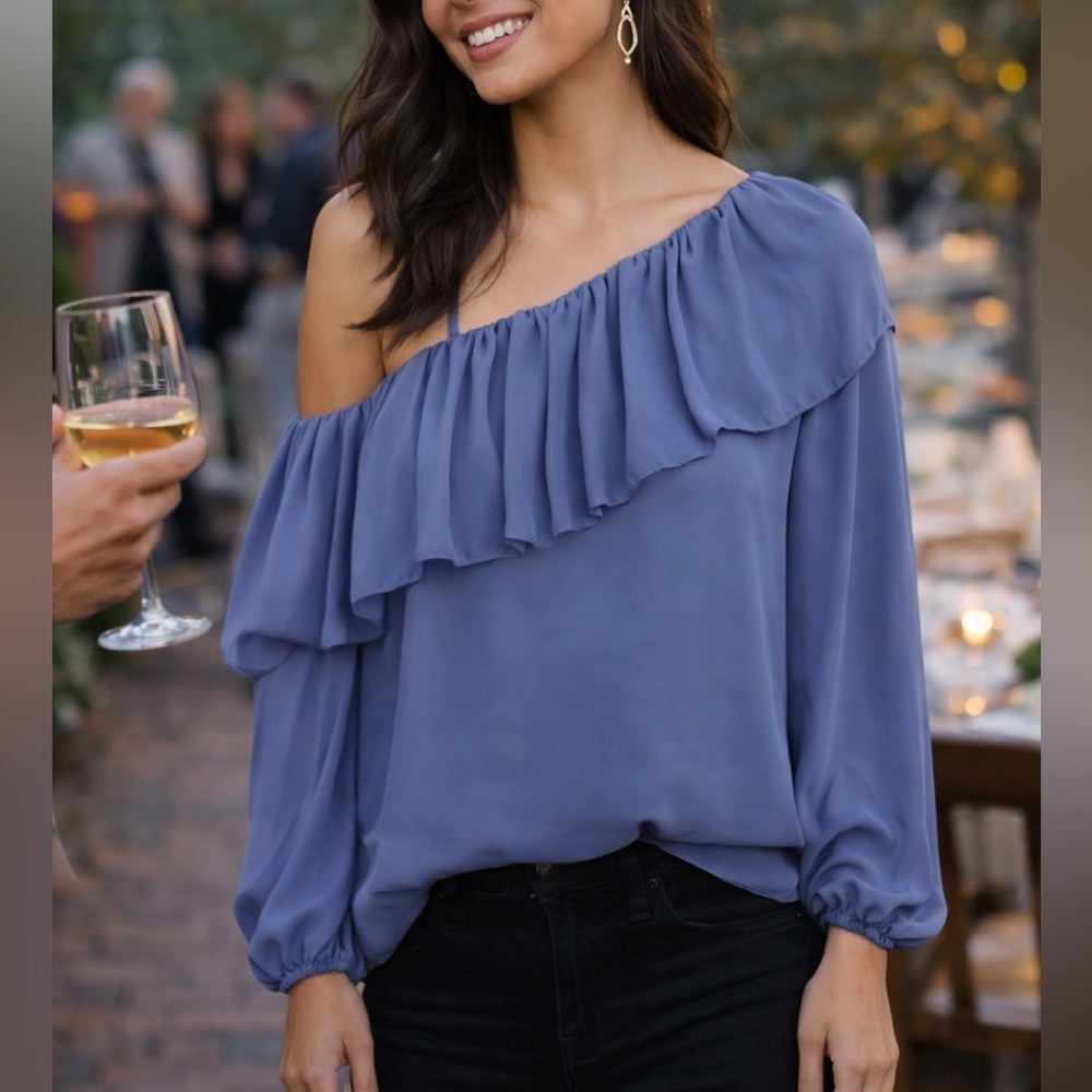 Parker Asymmetric Long Sleeved One Shoulder Blue Ruffle Blouse